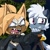 Size: 1800x1800 | Tagged: safe, artist:artbunnii, tangle the lemur, whisper the wolf, angry, clenched teeth, duo, eye clipping through hair, female, looking ahead, looking offscreen, meme, mouth open, pointing, tears, watermark, woman yelling at cat, worried