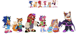 Size: 2048x1047 | Tagged: safe, artist:sonicattos, amy rose, cheese (chao), cream the rabbit, knuckles the echidna, miles "tails" prower, rouge the bat, sonic the hedgehog, chao, 2023, alternate shoes, bodysuit, clothes, frown, goggles, goggles on head, group, jacket, looking offscreen, neutral chao, overalls, pants, redesign, reference inset, simple background, smile, standing, trans female, trans girl tails, transgender, white background