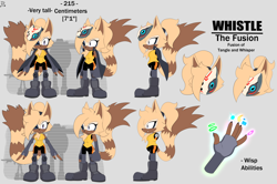 Size: 2048x1359 | Tagged: safe, artist:buddyhyped, oc, oc:whistle the fusion, hybrid, character name, diamond cutters mask, english text, fusion, fusion:tangle, fusion:whisper, grey background, mask, reference sheet, simple background, solo, standing, tangle's running suit