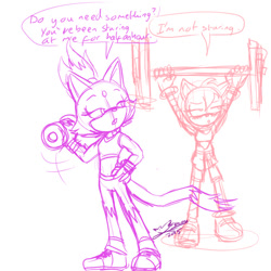 Size: 540x540 | Tagged: safe, artist:feniiku_arts, amy rose, blaze the cat, cat, hedgehog, 2015, amy x blaze, english text, female, females only, lesbian, line art, shipping, speech bubble, talking, weightlifting, working out, workout outfit