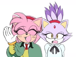 Size: 1645x1244 | Tagged: safe, artist:walesfinest, amy rose, blaze the cat, cat, hedgehog, 2023, amy x blaze, cute, female, females only, hand up, lesbian, looking at viewer, mouth open, shipping