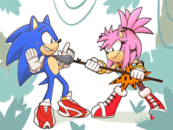 Size: 1100x828 | Tagged: safe, artist:ketlike, amy rose, sonic the hedgehog, thorn rose, sonic prime, spear