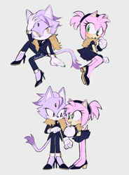 Size: 1102x1500 | Tagged: safe, artist:softyleonita, amy rose, blaze the cat, cat, hedgehog, 2022, amy x blaze, blushing, cute, date, female, females only, lesbian, looking at each other, shipping