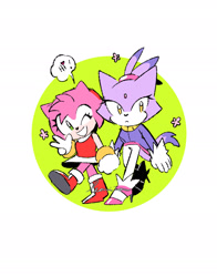 Size: 1516x1929 | Tagged: safe, artist:softyleonita, amy rose, blaze the cat, cat, hedgehog, 2022, amy x blaze, amy's halterneck dress, blaze's tailcoat, cute, english text, female, females only, heart, lesbian, looking at viewer, peace sign, shipping