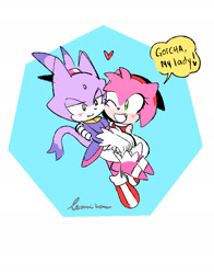 Size: 1516x1929 | Tagged: safe, artist:softyleonita, amy rose, blaze the cat, cat, hedgehog, 2022, amy x blaze, amy's halterneck dress, blaze's tailcoat, carrying them, cute, english text, female, females only, heart, lesbian, mouth open, one eye closed, shipping