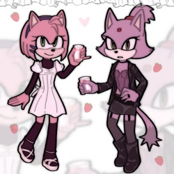 Size: 1280x1280 | Tagged: safe, artist:shadxwer, amy rose, blaze the cat, cat, hedgehog, 2023, amy x blaze, cute, female, females only, glass, lesbian, looking at viewer, shipping, strawberry