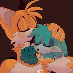 Size: 1200x1200 | Tagged: source needed, safe, artist:rapid-street, kit the fennec, miles "tails" prower, blushing, cute, duo, eye clipping through hair, eyes closed, gay, gloves off, hand on another's head, holding them, kitails, shipping, signature, simple background, smile