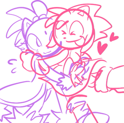 Size: 579x571 | Tagged: safe, artist:rosyamy_, amy rose, blaze the cat, cat, hedgehog, 2023, amy x blaze, amy's halterneck dress, blaze's tailcoat, cute, eyes closed, female, females only, hearts, hugging, lesbian, mouth open, shipping, sketch