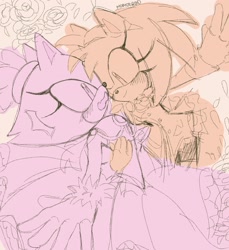 Size: 1293x1412 | Tagged: safe, artist:momodroid, amy rose, blaze the cat, cat, hedgehog, 2023, amy x blaze, blushing, cute, dress, female, females only, hand on back, lesbian, looking at viewer, shipping