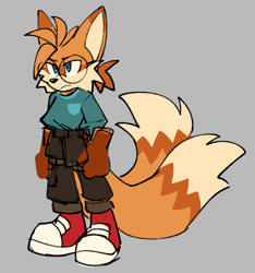 Size: 1637x1751 | Tagged: safe, artist:frostiios, miles "tails" prower, boots, brown gloves, colored ears, colored tail, frown, glasses, grey background, looking ahead, pants, redesign, shirt, simple background, solo, standing