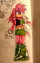 Size: 1309x2048 | Tagged: safe, artist:mary-venom, julie-su, echidna, frown, hand on hip, looking offscreen, solo, standing, traditional media