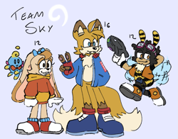 Size: 991x778 | Tagged: safe, artist:tezzbot, charmy bee, cheese (chao), cream the rabbit, miles "tails" prower, chao, alternate universe, blue background, claws, clothes, english text, fangs, fingerless gloves, flapping wings, fly type, flying, group, neutral chao, pawpads, simple background, smile, standing, v sign