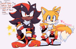Size: 2048x1327 | Tagged: safe, artist:chibi-0004, miles "tails" prower, shadow the hedgehog, alternate gloves, alternate shoes, alternate universe, duo, english text, frown, grey background, heart, looking ahead, signature, simple background, squatting, star (symbol)