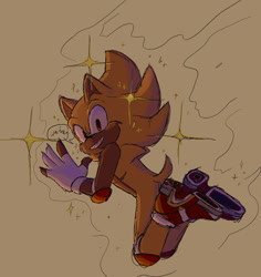 Size: 1303x1378 | Tagged: safe, artist:damn-not-here, sonic the hedgehog, super sonic, beige background, claws, dialogue, fingerless gloves, flying, looking back at viewer, simple background, smile, soap shoes, solo, sparkles, super form, top surgery scars, trans male, transgender