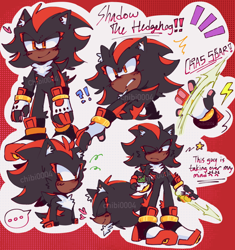 Size: 1362x1449 | Tagged: safe, artist:chibi-0004, shadow the hedgehog, ..., abstract background, blushing, character name, ear fluff, english text, exclamation mark, fingerless gloves, frown, lightning bolt, one eye closed, pawpads, question mark, smile, solo, star (symbol), sweatdrop