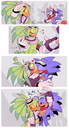 Size: 1654x3072 | Tagged: safe, artist:yu33_pm, jet the hawk, sonic the hedgehog, abstract background, bandana, blushing, cute, duo, exclamation mark, gay, heart, holding them, jetabetes, kiss, medal, shipping, sonabetes, sonic riders, sonjet, standing, top surgery scars, trans male, transgender, yellow sclera