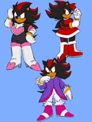 Size: 1548x2048 | Tagged: safe, artist:sonicattos, shadow the hedgehog, amy's halterneck dress, blaze's tailcoat, blue background, blushing, crossdressing, femboy, frown, rouge's heart top, simple background, solo, standing