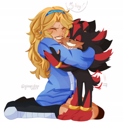 Size: 2048x2048 | Tagged: safe, artist:gloopidooo, maria robotnik, shadow the hedgehog, brother and sister, cute, dialogue, duo, english text, eyes closed, hugging, kneeling, mariabetes, sfx, shadowbetes, siblings, signature, smile, speech bubble, standing, wagging tail