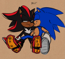 Size: 1135x1032 | Tagged: safe, artist:kingprinceleo, shadow the hedgehog, sonic the hedgehog, beige background, boop, duo, eyes closed, frown, gay, lidded eyes, sfx, shadow x sonic, shipping, simple background, sitting, sketch, smile