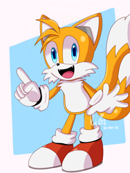 Size: 1536x2048 | Tagged: safe, artist:sweetrosy45, miles "tails" prower, 2023, abstract background, fangs, looking at viewer, mouth open, pointing, signature, smile, solo, standing
