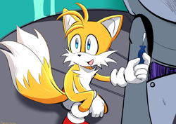 Size: 2048x1448 | Tagged: safe, artist:suzienightsky, miles "tails" prower, abstract background, holding something, looking offscreen, mouth open, redraw, screwdriver, smile, solo, sonic x