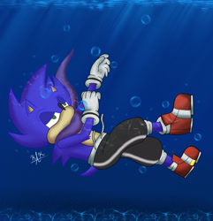 Size: 1974x2048 | Tagged: safe, artist:kolbythekolby-nsu, sonic the hedgehog, abstract background, boots, bubbles, imminent drowning, lidded eyes, looking up, outdoors, pants, scarf, signature, solo, underwater