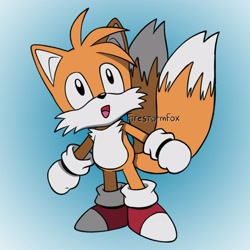 Size: 2048x2048 | Tagged: safe, artist:firestorm-fox, miles "tails" prower, classic tails, gradient background, looking offscreen, mouth open, signature, smile, solo, standing
