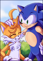Size: 1748x2480 | Tagged: safe, artist:c-lilix-art, miles "tails" prower, sonic the hedgehog, abstract background, border, clouds, daytime, duo, eyes closed, hand on another's head, looking at them, outdoors, ruffling hair, signature, smile