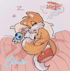 Size: 1998x2048 | Tagged: safe, artist:pholooo, miles "tails" prower, chao, abstract background, bed, dreaming, eyes closed, lying on side, mouth open, neutral chao, pillow, signature, sleeping, solo, stuffed animal, thought bubble, tornado i, zzz