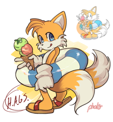 Size: 1838x2000 | Tagged: safe, artist:pholooo, miles "tails" prower, abstract background, holding something, ice cream, licking lips, looking at viewer, redraw, reference inset, sandals, signature, solo, swimming tube, tongue out, v sign