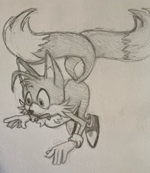 Size: 1777x2047 | Tagged: safe, artist:yeastpunk, miles "tails" prower, flying, looking down, mouth open, pencilwork, sketch, solo, spinning tails, traditional media
