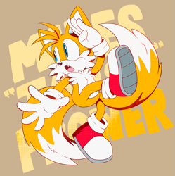 Size: 2043x2048 | Tagged: safe, artist:ciaoodee, miles "tails" prower, abstract background, character name, flying, looking back, mouth open, one fang, redraw, solo, spinning tails