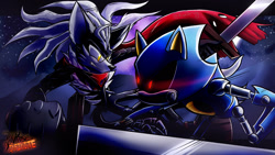 Size: 1920x1080 | Tagged: safe, artist:kolibruy, infinite the jackal, metal sonic, abstract background, alternate universe, au:rise of infinite, black sclera, duo, fight, glowing eyes, looking at each other, outdoors, scarf, signature