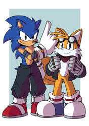 Size: 1443x2048 | Tagged: safe, artist:shadowejayone, miles "tails" prower, sonic the hedgehog, alternate gloves, bandana, blue shoes, border, clothes, duo, goggles, goggles on head, jacket, looking at viewer, pointing, redesign, smile, standing