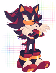 Size: 2000x2625 | Tagged: safe, artist:galvanizzeryy, shadow the hedgehog, abstract background, arms folded, frown, looking ahead, looking offscreen, signature, solo, standing