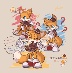 Size: 2048x2061 | Tagged: safe, artist:pholooo, miles "tails" prower, the murder of sonic the hedgehog, abstract background, blushing, character name, dialogue, english text, frown, magnifying glass, question mark, redraw, smile, solo, standing, sweatdrop, wink