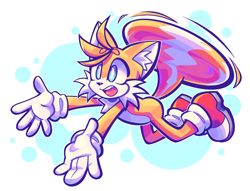 Size: 2048x1566 | Tagged: safe, artist:tailsnumber1fan, miles "tails" prower, abstract background, ear fluff, flying, looking ahead, mouth open, one fang, redraw, smile, solo, spinning tails