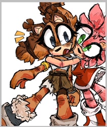 Size: 628x743 | Tagged: safe, artist:cringelordofchaos, amy rose, sticks the badger, :3, blushing, duo, hugging, lesbian, shipping, simple background, sketch, sonic boom (tv), standing, sticksamy, surprise hug, white background