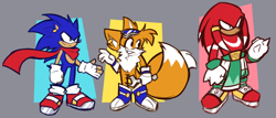 Size: 1476x629 | Tagged: safe, artist:icebitezseal, knuckles the echidna, miles "tails" prower, sonic the hedgehog, abstract background, blue shoes, boots, ear piercing, earring, fingerless gloves, holding something, redesign, scarf, standing, team sonic, trio, wrench