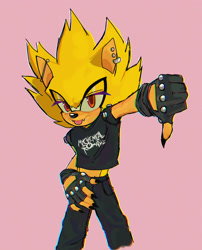Size: 1652x2048 | Tagged: safe, artist:browniieee, sonic the hedgehog, super sonic, claws, ear piercing, earring, emo, emo outfit, emo sonic, fingerless gloves, lidded eyes, looking at viewer, my chemical romance, one fang, painted fingernails, pants, pink background, shirt, simple background, smile, solo, super form, thumbs down, tongue out, words on a shirt