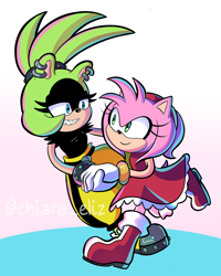 Size: 1638x2048 | Tagged: safe, artist:chiaraeliz, amy rose, surge the tenrec, abstract background, duo, holding hands, lesbian, looking at each other, shipping, signature, smile, surgamy, walking