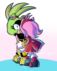 Size: 1638x2048 | Tagged: safe, artist:chiaraeliz, amy rose, surge the tenrec, abstract background, duo, electricity, holding them, kiss, lesbian, shipping, signature, standing, surgamy, surprise kiss