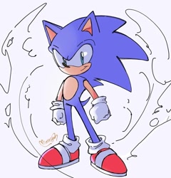 Size: 1079x1124 | Tagged: safe, artist:mirieya, sonic the hedgehog, abstract background, clenched fists, looking at viewer, signature, smile, solo, standing