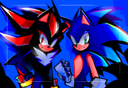 Size: 2048x1410 | Tagged: safe, artist:kuroiyuki96, shadow the hedgehog, sonic the hedgehog, sonic prime, abstract background, clenched fist, duo, frown, shadow (lighting), shine, standing