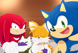 Size: 4083x2771 | Tagged: safe, artist:artsriszi, knuckles the echidna, miles "tails" prower, sonic the hedgehog, grapes