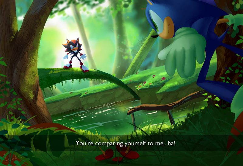 Size: 1280x873 | Tagged: safe, artist:leifii, shadow the hedgehog, sonic the hedgehog, hedgehog, sonic adventure 2, arms out, daytime, dialogue, duo, english text, featured image, forest, frown, green forest, looking at each other, male, outdoors, redraw, smile, tree, water