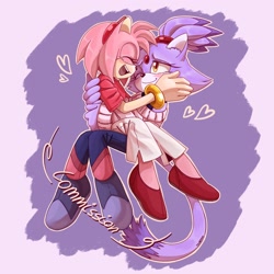 Size: 2048x2048 | Tagged: safe, artist:miitsubo, amy rose, blaze the cat, cat, hedgehog, 2023, amy x blaze, blushing, carrying them, cute, eyes closed, female, females only, hand on cheek, hearts, lesbian, mouth open, one eye closed, shipping