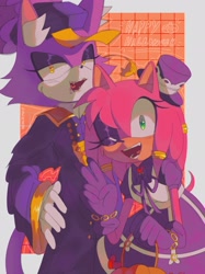 Size: 1535x2048 | Tagged: safe, artist:webcrtwz, amy rose, blaze the cat, cat, hedgehog, 2022, amy x blaze, cute, female, females only, halloween, halloween outfit, lesbian, looking at viewer, mouth open, one eye closed, peace sign, shipping
