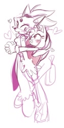 Size: 516x1024 | Tagged: safe, artist:pamd3, amy rose, blaze the cat, cat, hedgehog, 2022, amy x blaze, amy's halterneck dress, blaze's tailcoat, blushing, female, females only, hearts, hugging from behind, lesbian, looking at each other, shipping, sketch