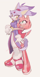 Size: 1057x2048 | Tagged: safe, artist:pamd3, amy rose, blaze the cat, cat, hedgehog, 2022, alternate version, amy x blaze, amy's halterneck dress, blaze's tailcoat, cute, female, females only, hugging from behind, lesbian, looking at each other, shipping